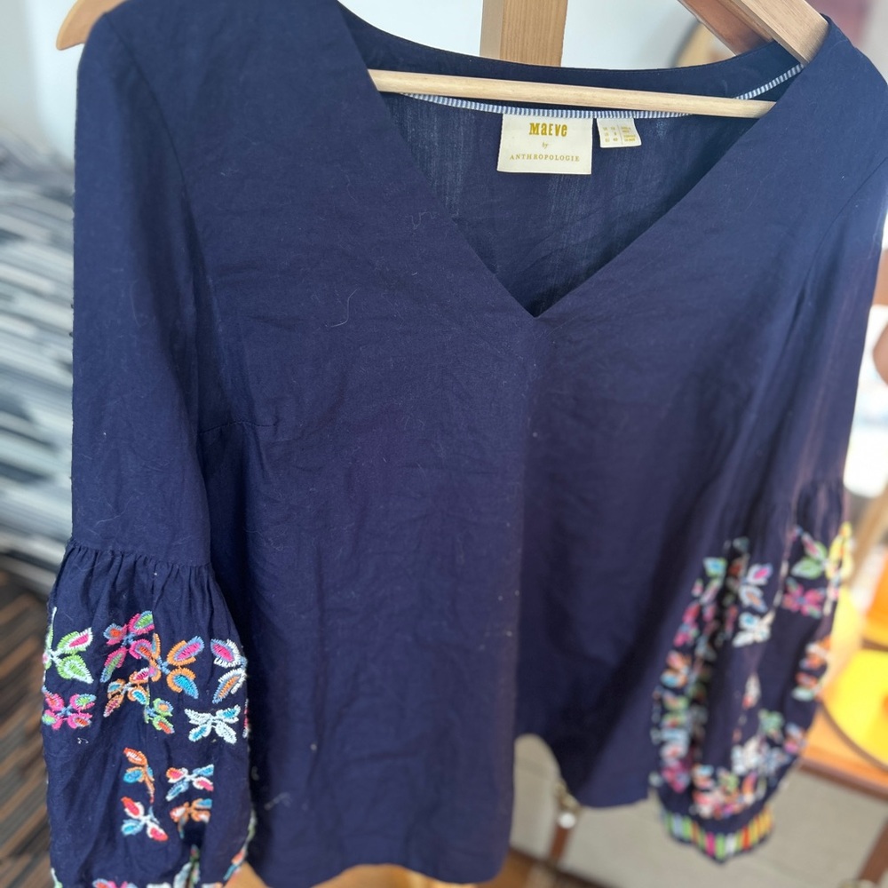 Maeve Navy V-Neck Embroidered Bell Sleeve Blouse